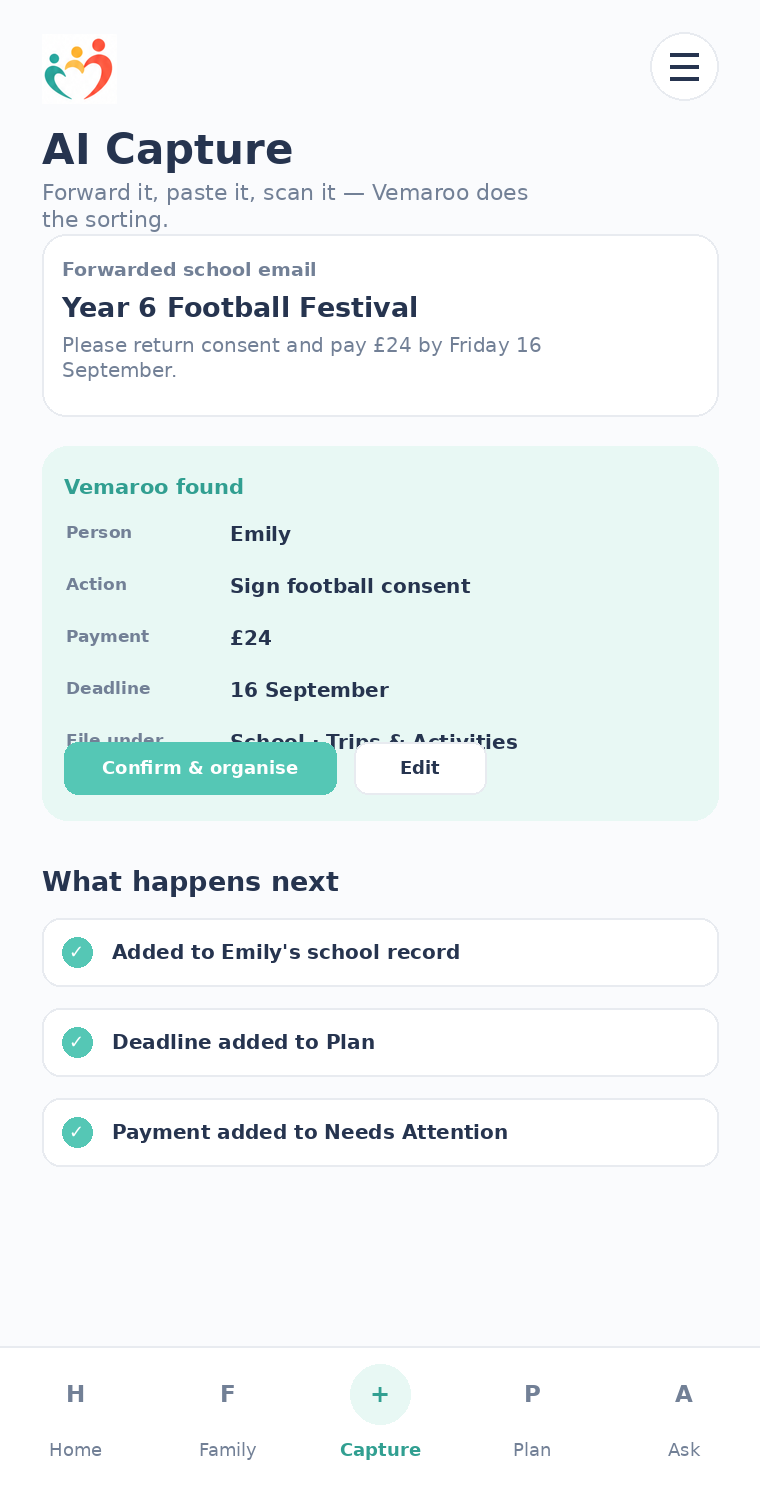 Vemaroo AI Capture extracting actions and dates