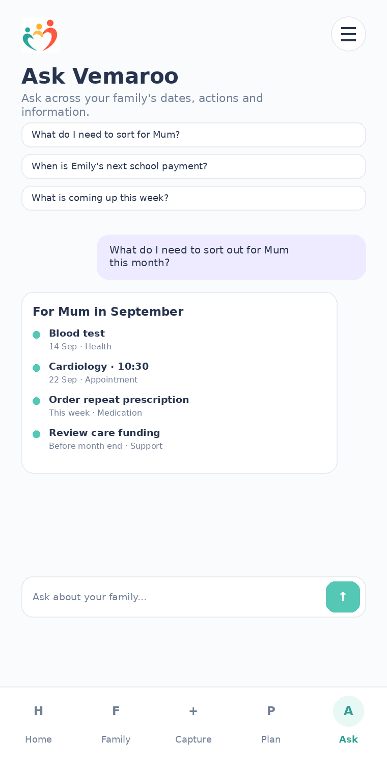 Ask Vemaroo family assistant screen