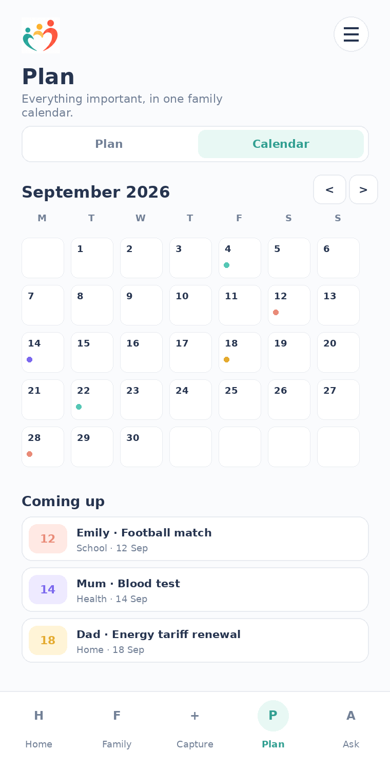 Vemaroo family calendar and Plan screen
